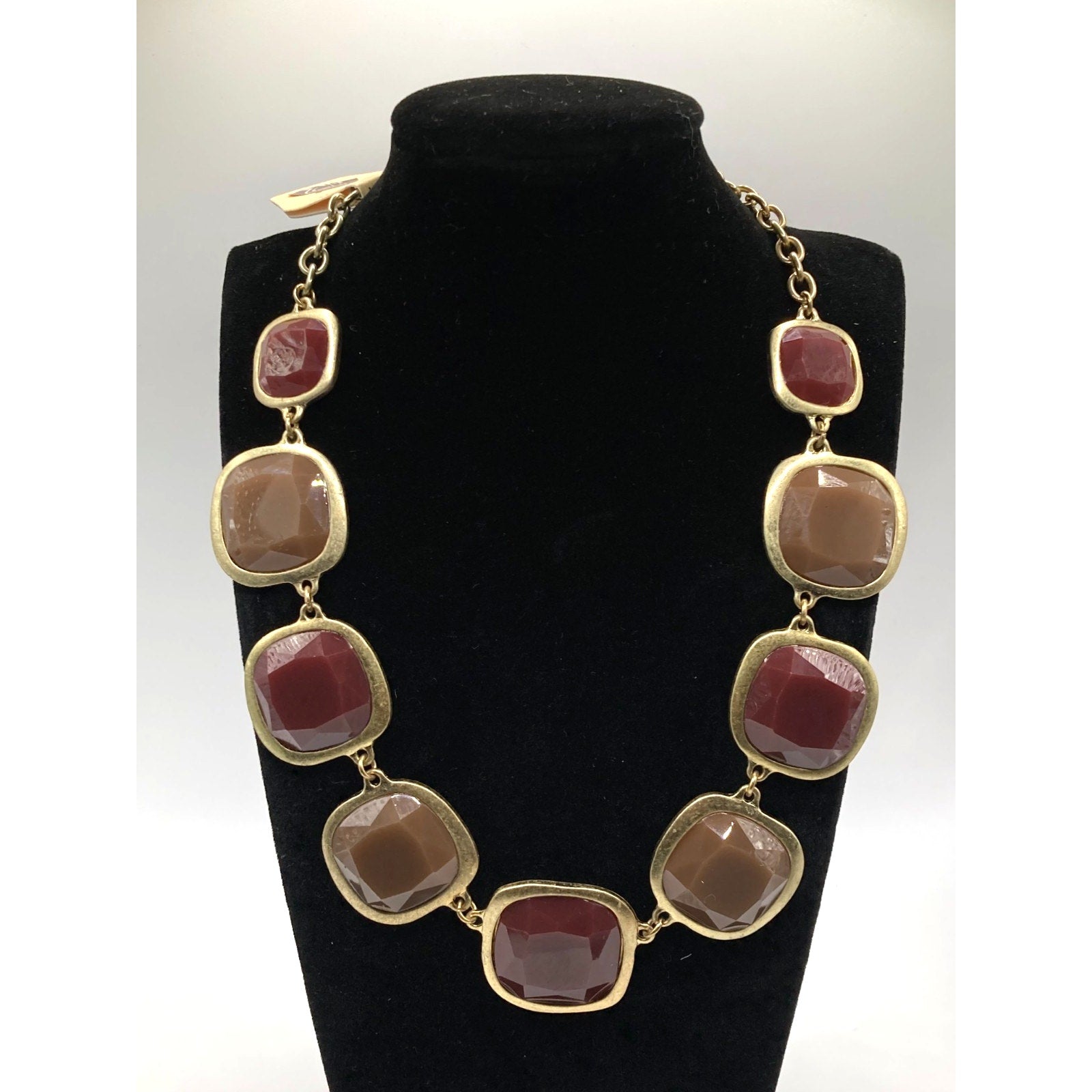 STONY Gold Tone Square Link Brown & Burgundy Acrylic Stone Station Necklace 16"