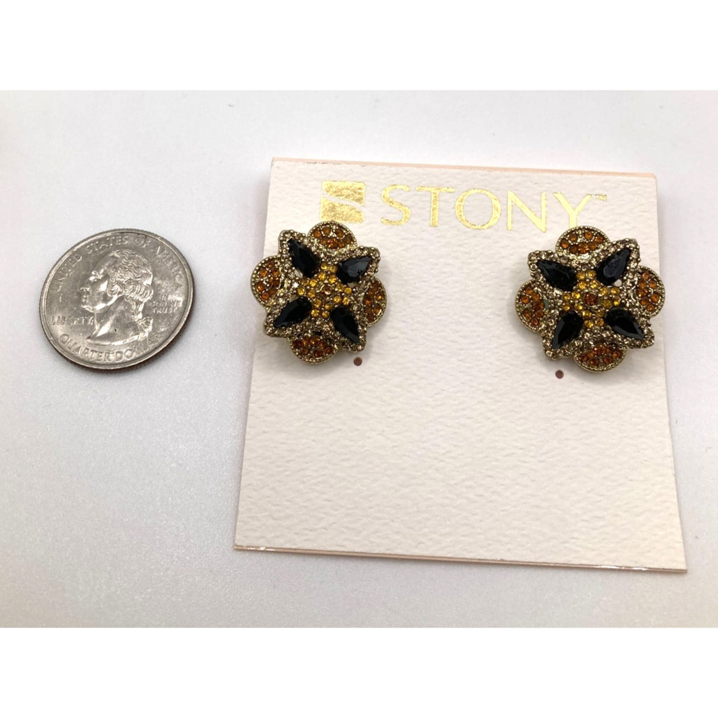 STONY Gold Tone Orange Yellow Rhinestone w/ Navy Acrylic Stone Clip-On Earrings