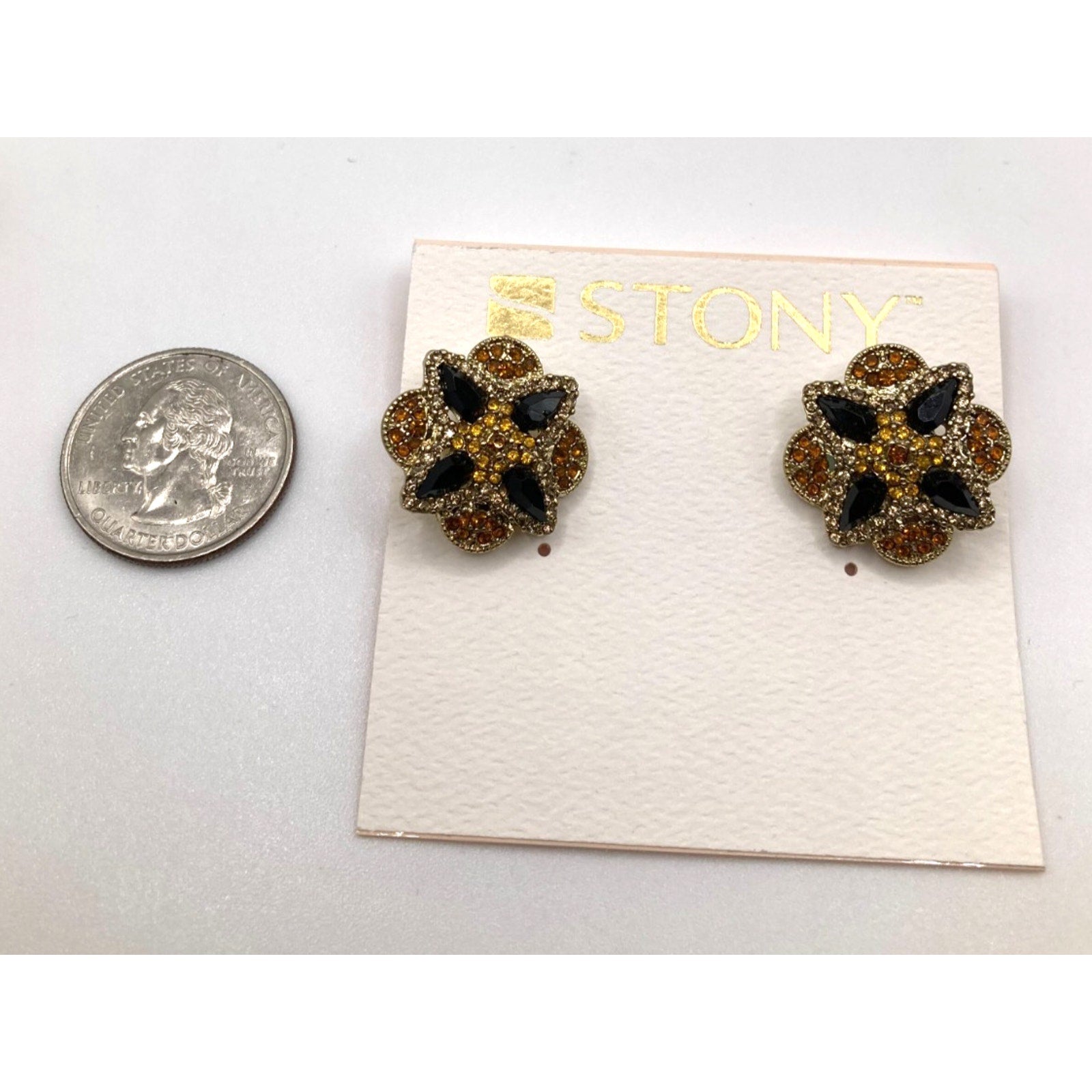 STONY Gold Tone Orange Yellow Rhinestone w/ Navy Acrylic Stone Clip-On Earrings