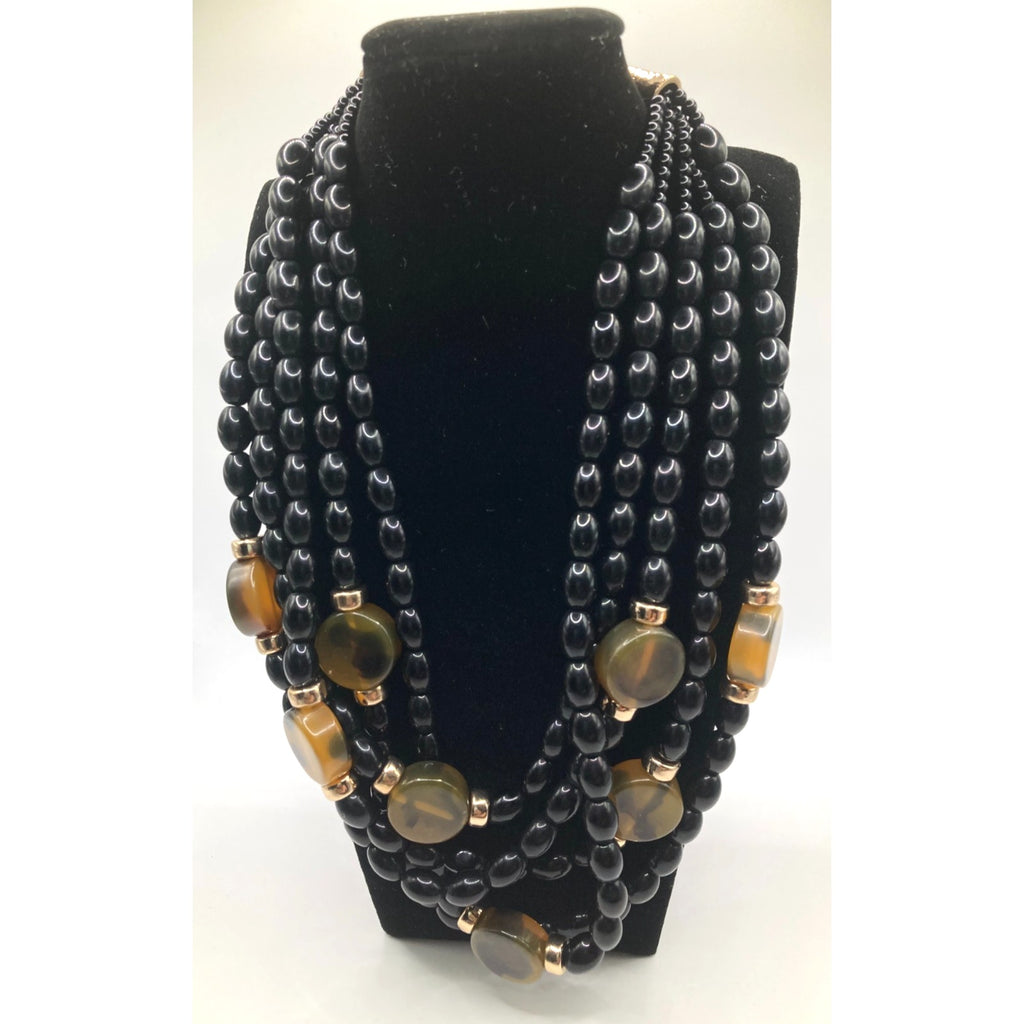 Black Beaded w/ Gold Tone Accent Multi-Strand Layered Statement Necklace 18"