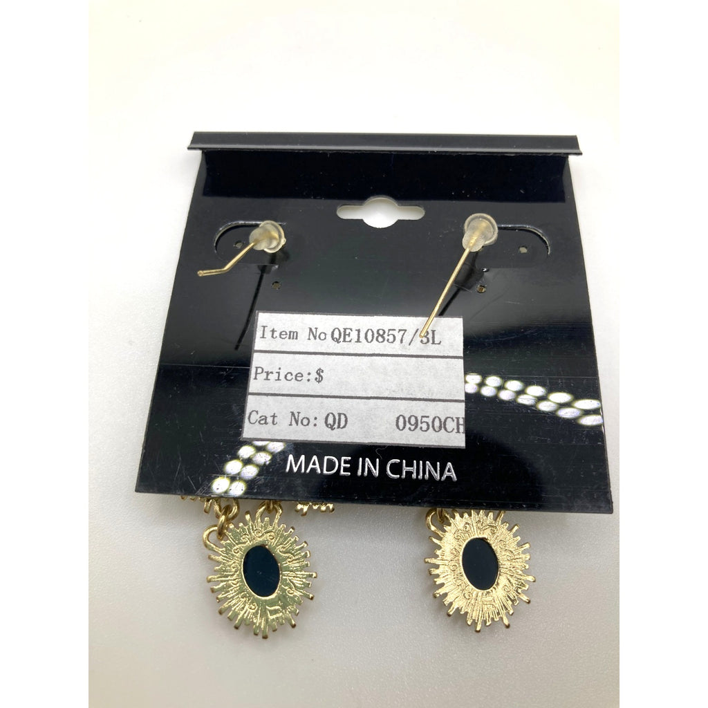 STONY Gold Tone and Navy Blue Faux Stone Spike Fringe Oval Drop Earrings 2"