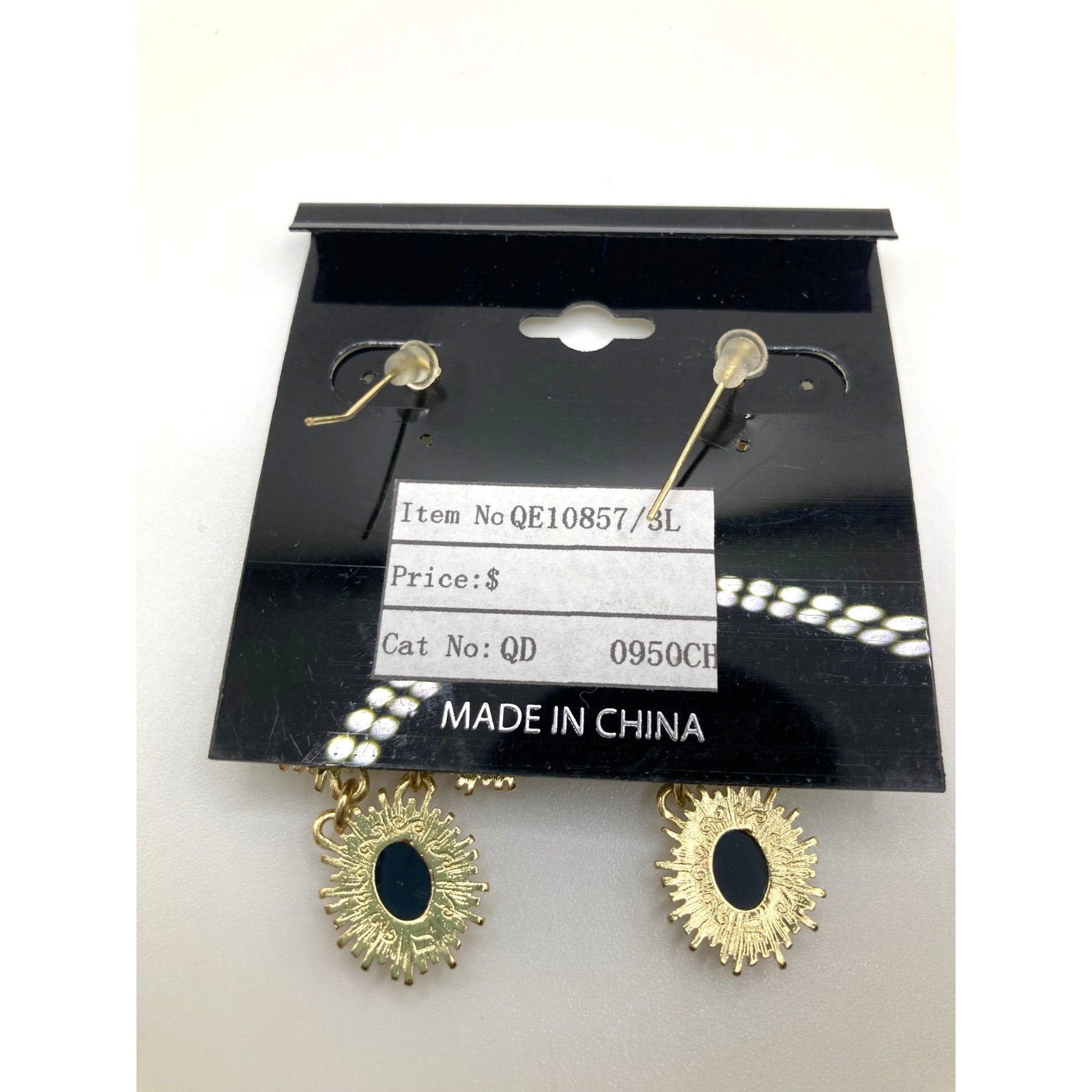 STONY Gold Tone and Navy Blue Faux Stone Spike Fringe Oval Drop Earrings 2"
