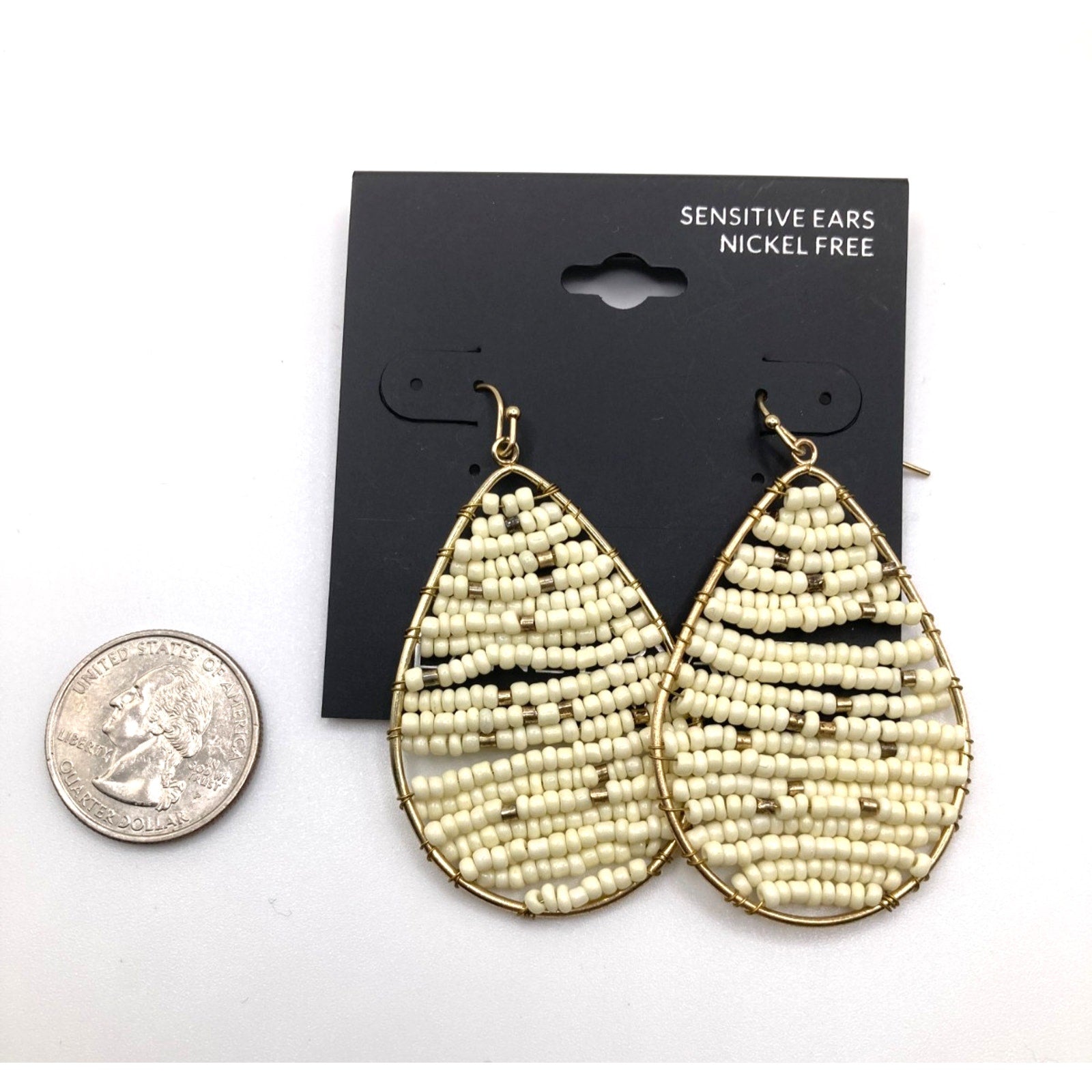 LANE BRYANT Fan Teardrop Cream Beaded & Wire Dangle Earrings 2"