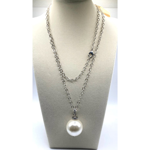 *Imperfect* LOFT Silver Tone Large Faux Pearl w/ Rhinestones Pendant Necklace