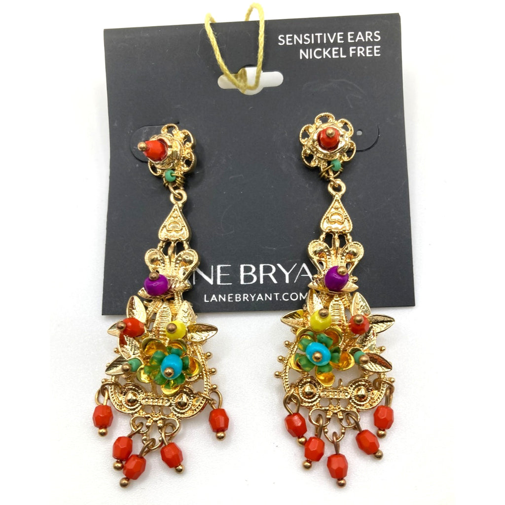 LANE BRYANT Spanish Gold Tone Multicolor Ornate Chandelier Statement Earrings