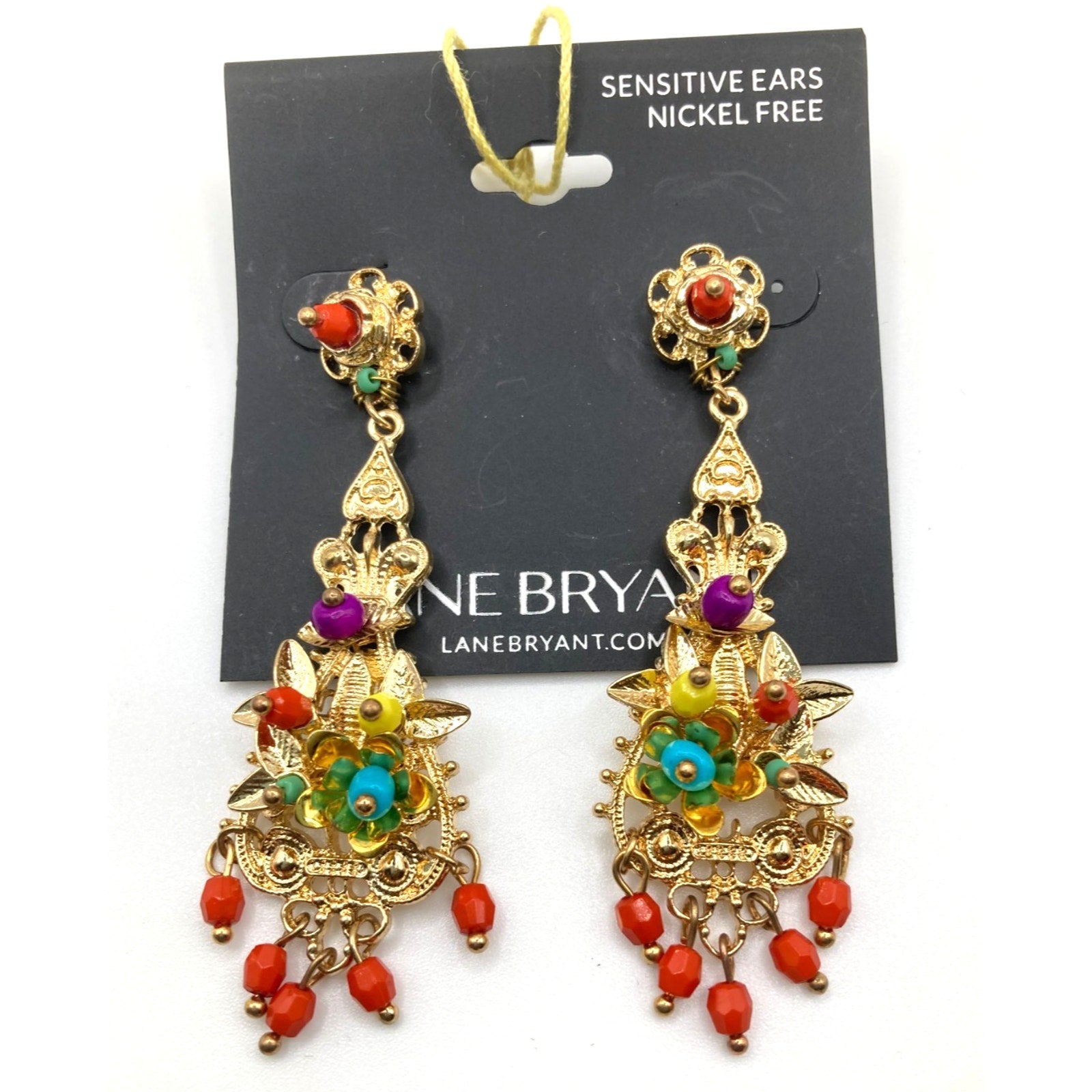LANE BRYANT Spanish Gold Tone Multicolor Ornate Chandelier Statement Earrings