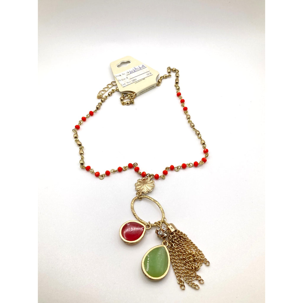 STONY Gold Tone & Red Station Necklace Flower Pendant w/ Red & Green Charms 17"