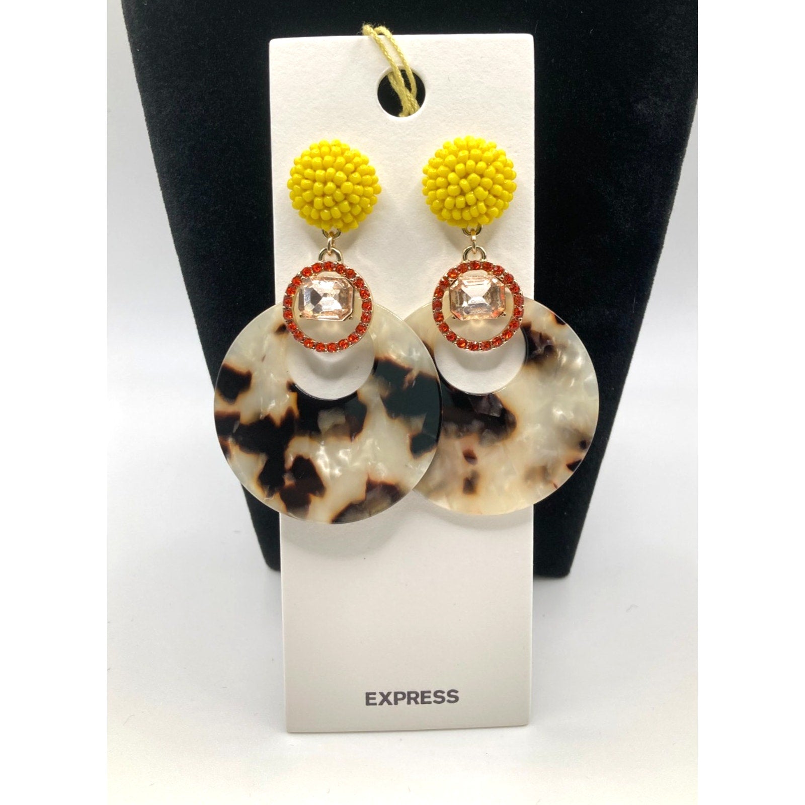 EXPRESS Acrylic Animal Print Earrings w/ Rhinestone & Yellow Beaded Accents 2.5"