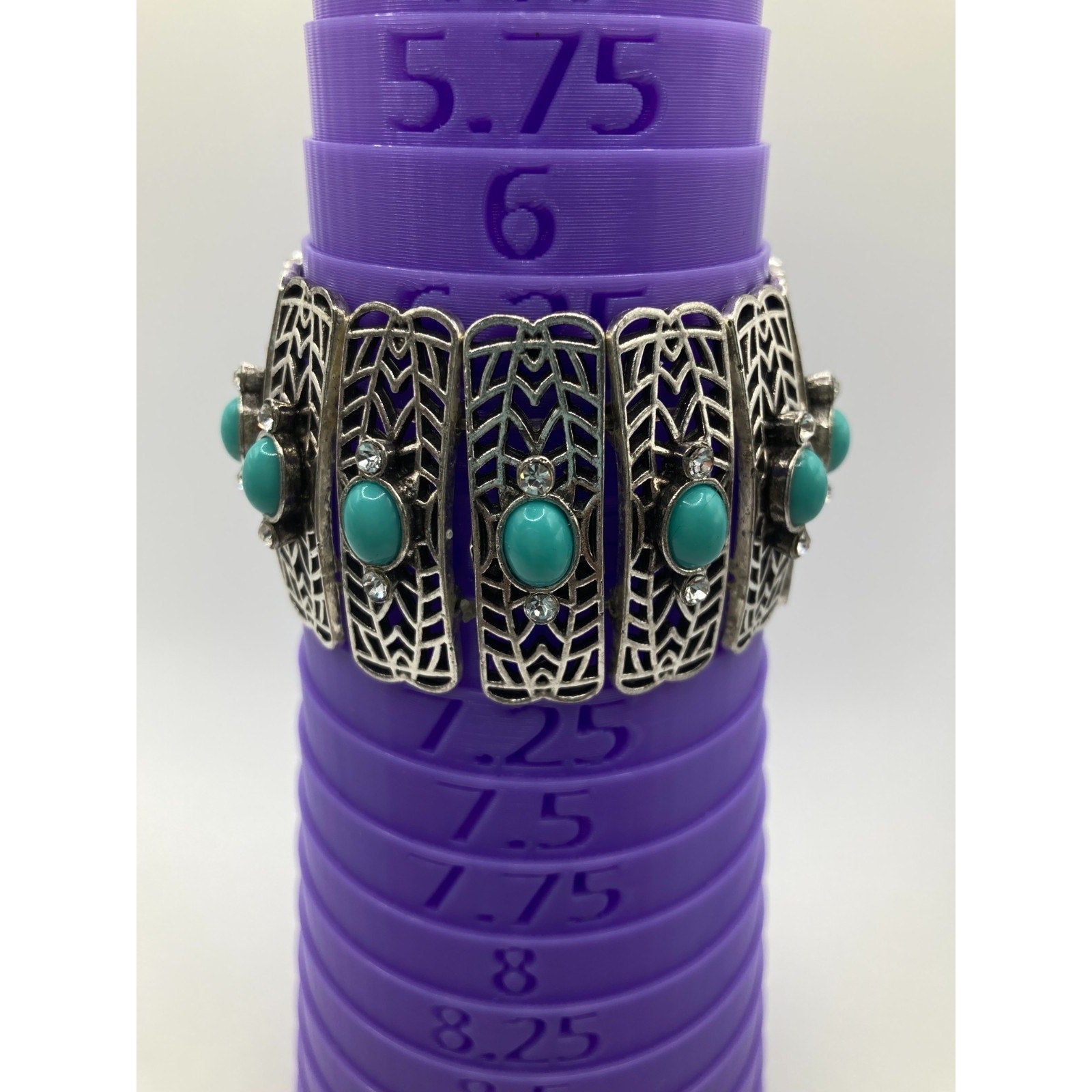 Medieval Gothic Western Silver Tone Faceted Faux Turquoise Stretch Bracelet Sz.7