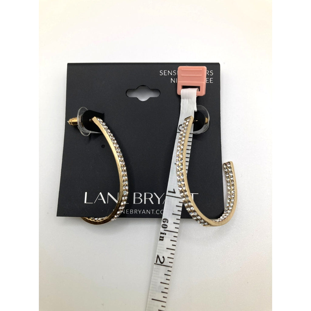 LANE BRYANT Classy Dressy Gold Tone Hook Hoop Rhinestone Earrings 1.25"