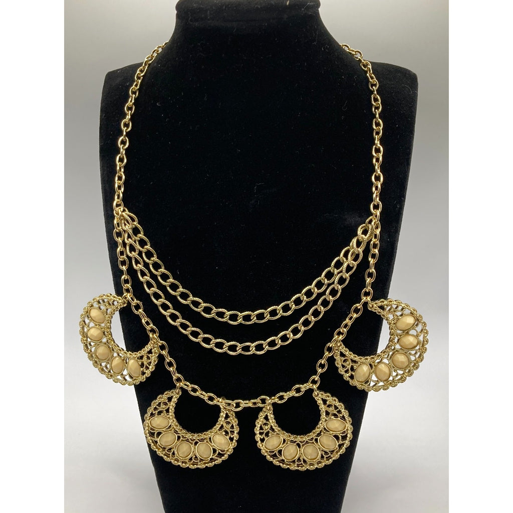 STONY Gold Tone Filigree Layered Statement Necklace w/ Acrylic Cream Stones 19"