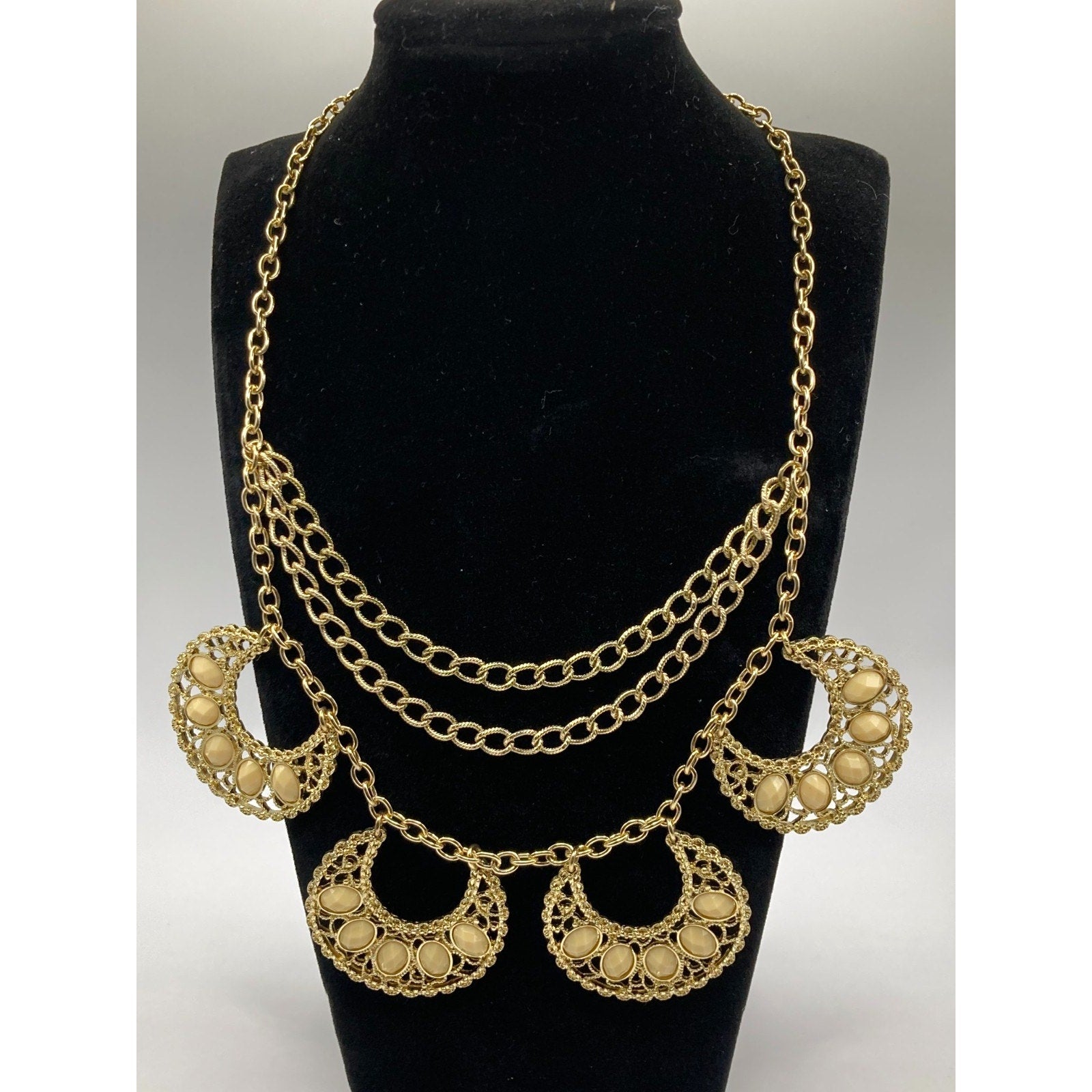 STONY Gold Tone Filigree Layered Statement Necklace w/ Acrylic Cream Stones 19"