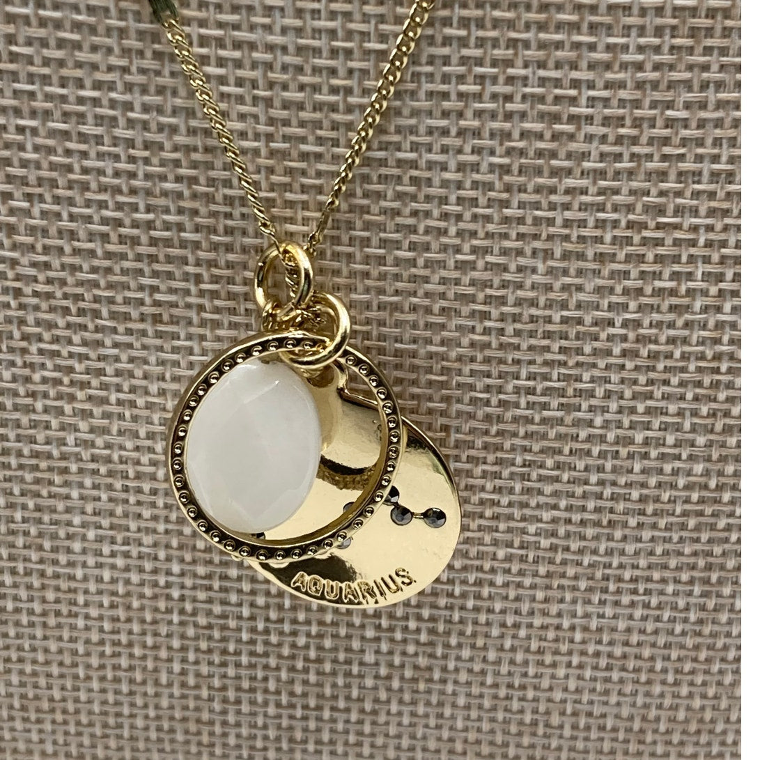 EXPRESS Zodiac Aquarius Sign Charm w/ Rhinestone Ring Gold Tone Necklace