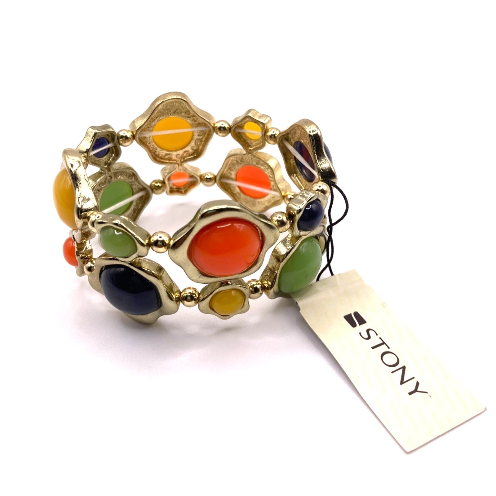STONY Retro Gold Tone Orange Yellow Blue Green Cabochon Faux Stone Bracelet