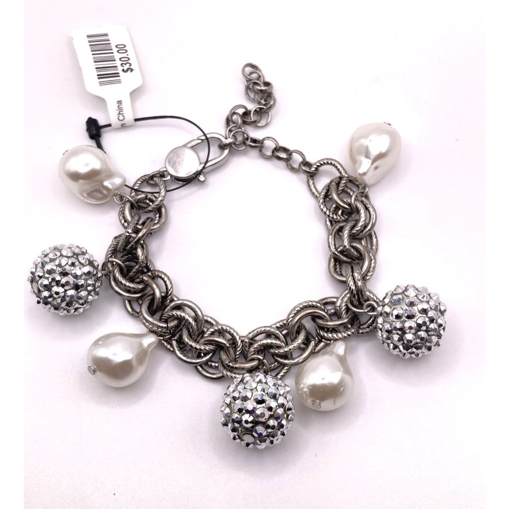Silver Grey Tone Thick Chunky Cable & Faux Pearls Plus Size Friendly Bracelet