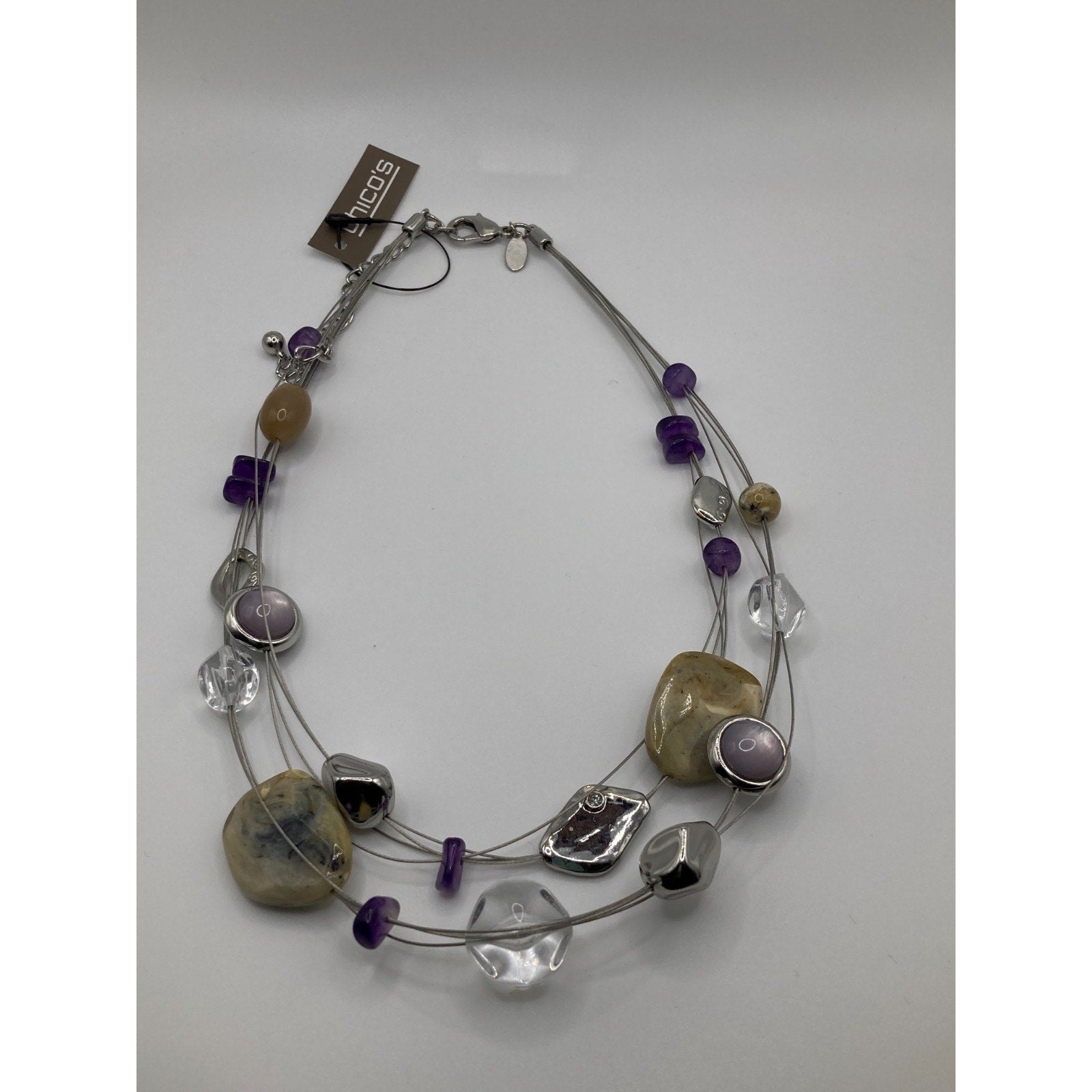 CHICO'S Silver Tone Purple, Silver And Earthy Bead Necklace On Wire Stands 17.5"