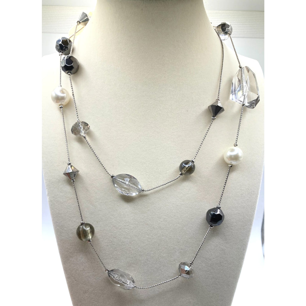 LOFT Silver Tone Faux Pearl, Grey, & Clear Bead Station Necklace Snake Chain 35"
