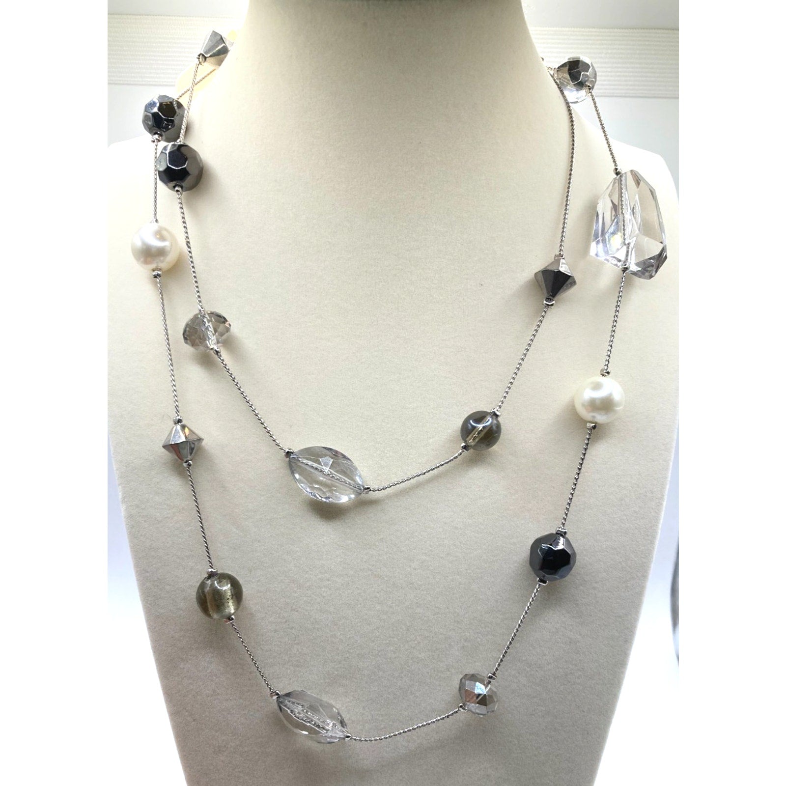 LOFT Silver Tone Faux Pearl, Grey, & Clear Bead Station Necklace Snake Chain 35"