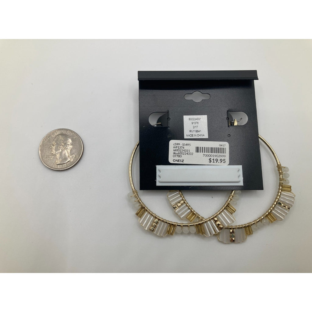 LANE BRYANT Gold Tone Hoop Earrings w/ White & Gold Plastic Beaded Accents NWT
