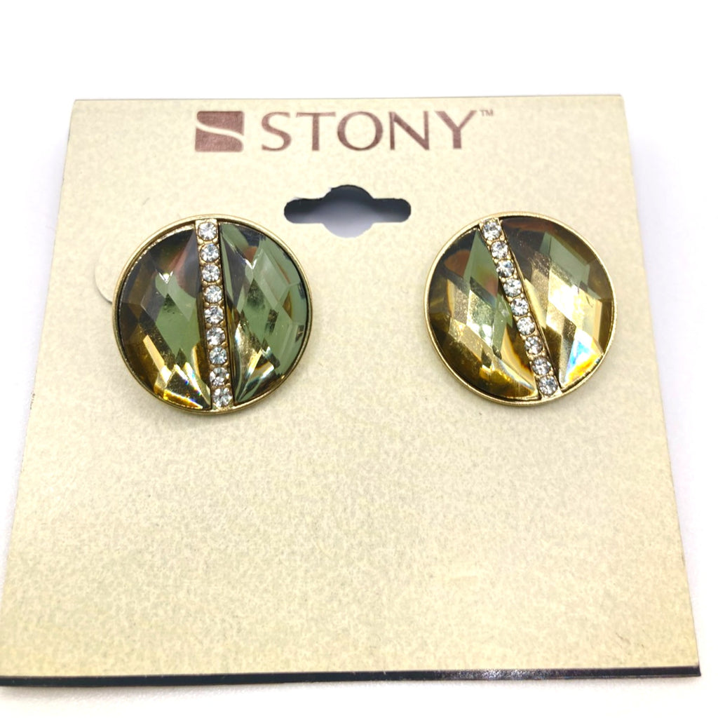STONY Gold Tone Faceted Faux Stone Translucent Stud Earrings w/ Rhinestone