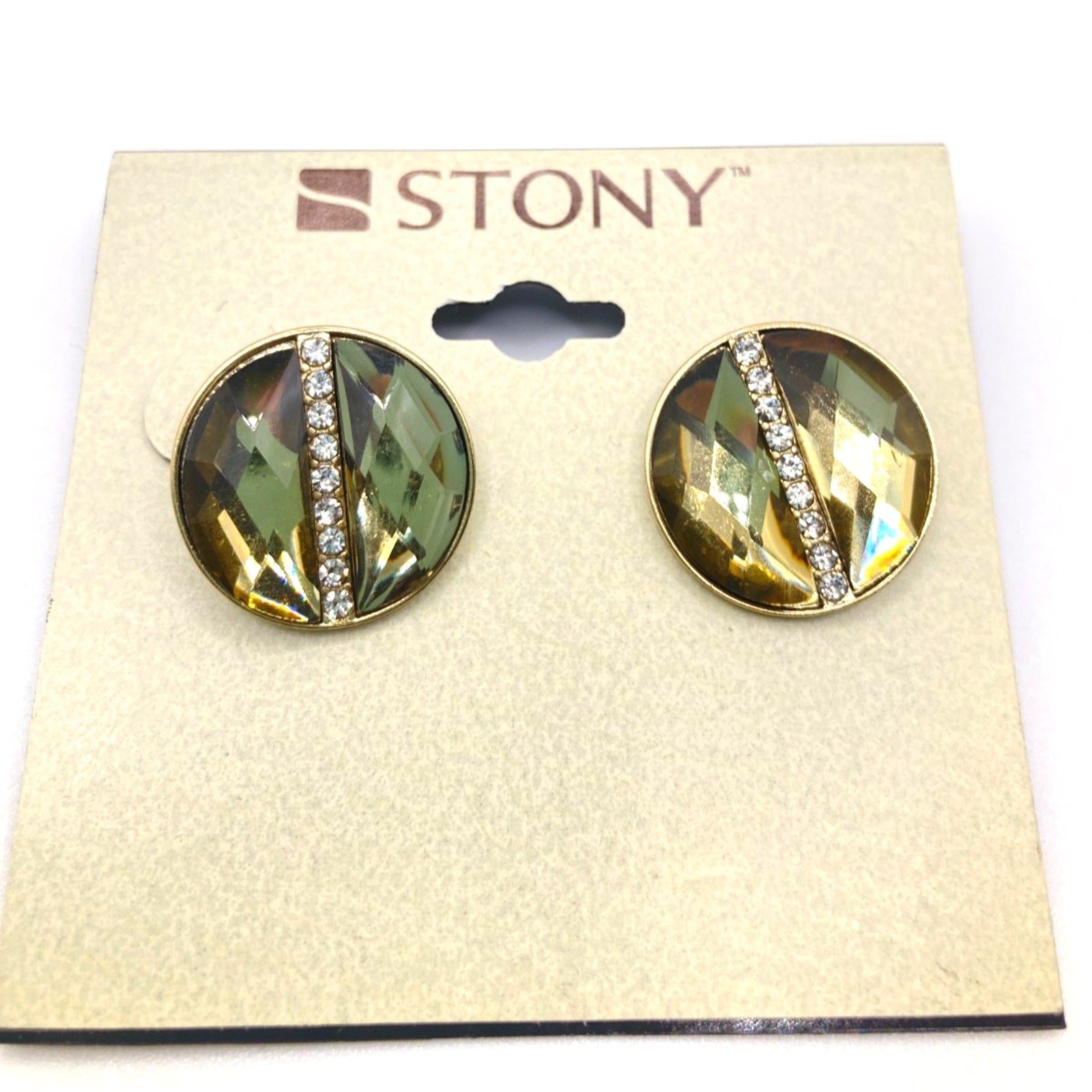 STONY Gold Tone Faceted Faux Stone Translucent Stud Earrings w/ Rhinestone