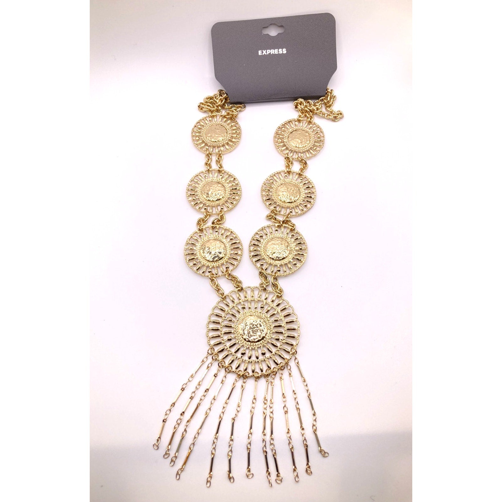 EXPRESS Metallic Gold Tone Tribal Boho Circle Station Statement Necklace 21" NEW
