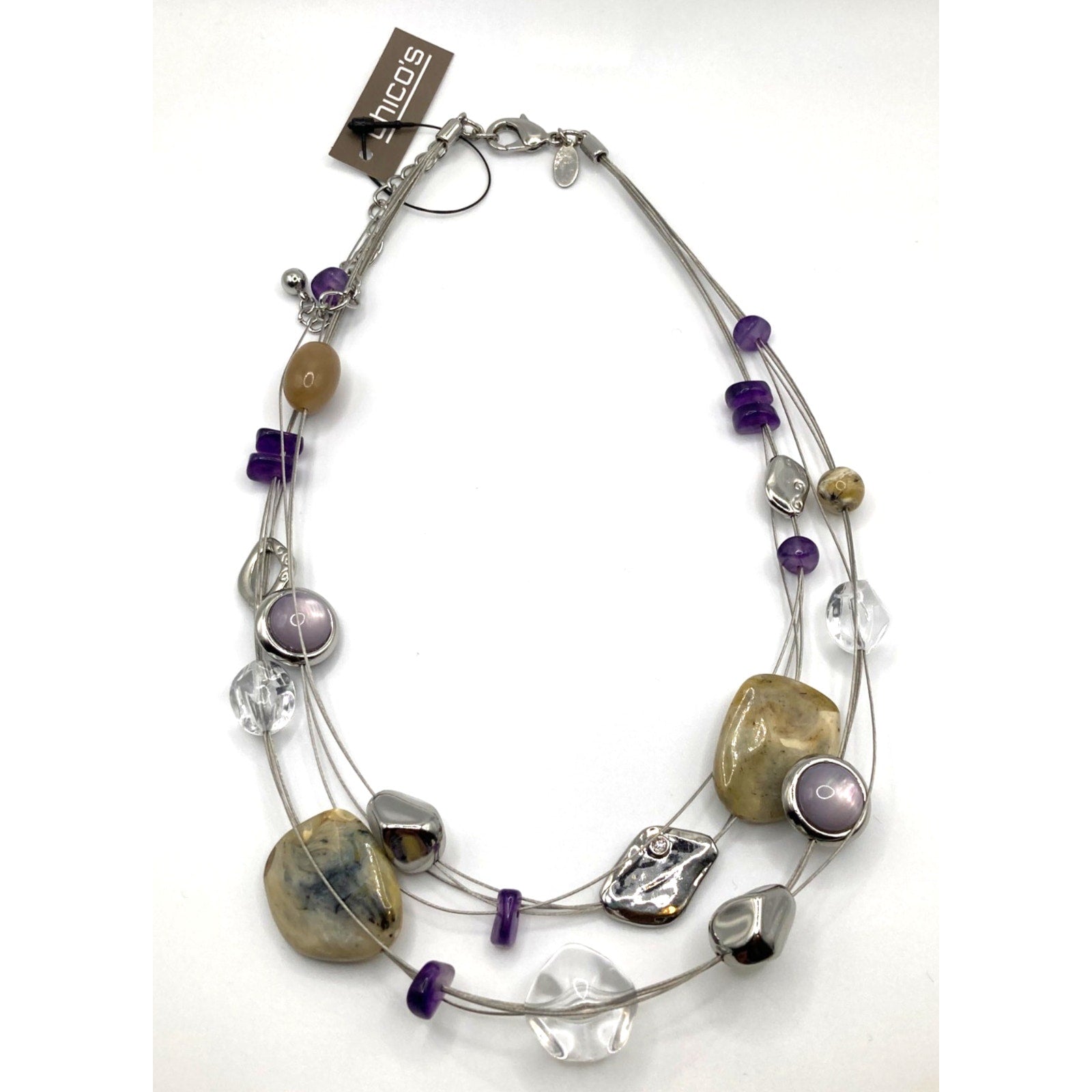 CHICO'S Silver Tone Purple, Silver And Earthy Bead Necklace On Wire Stands 17.5"