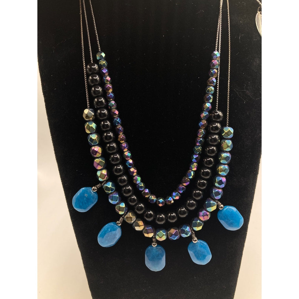 Coldwater Creek Blue Black Iridescent Aurora Borealis Layered Stone Necklace 18"