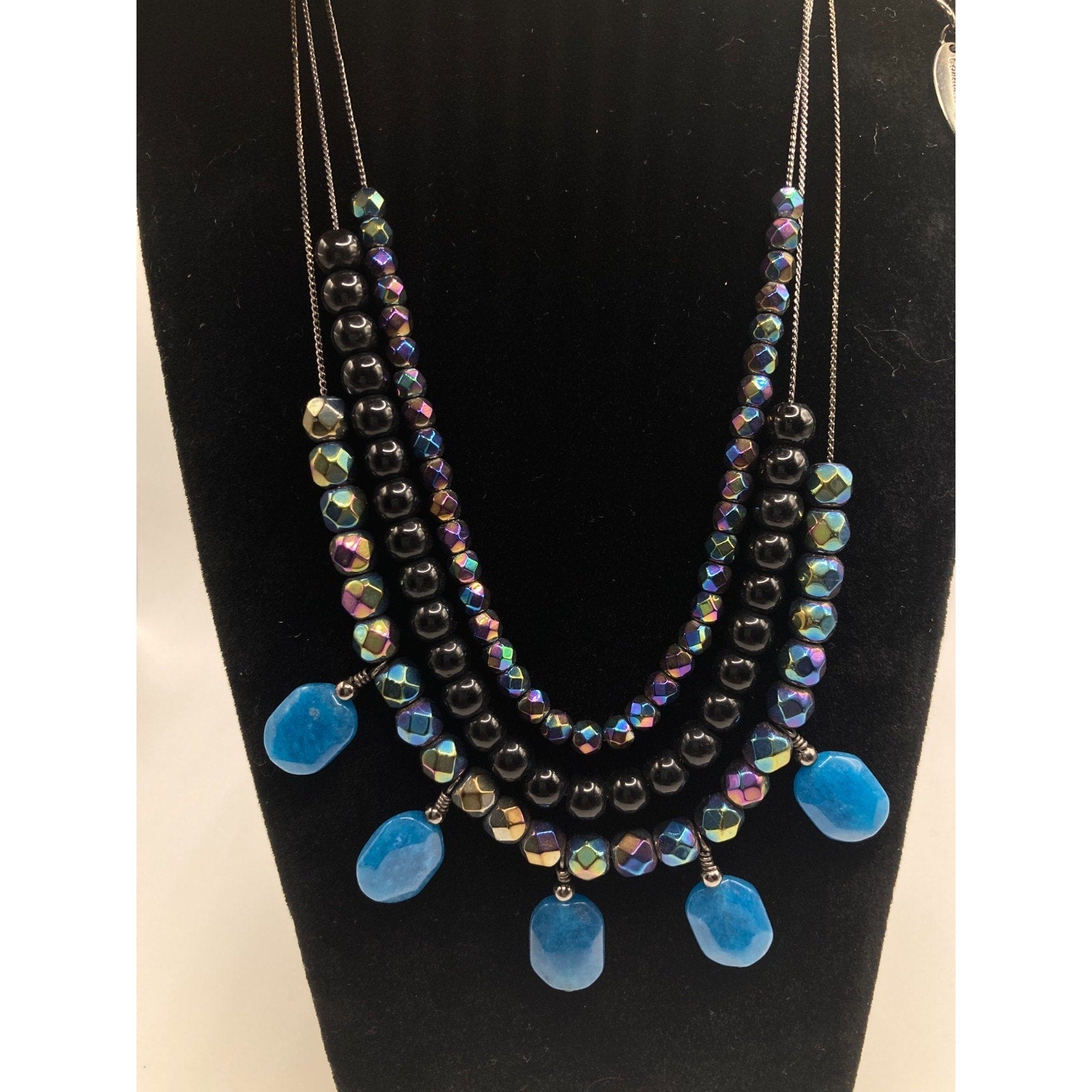 Coldwater Creek Blue Black Iridescent Aurora Borealis Layered Stone Necklace 18"