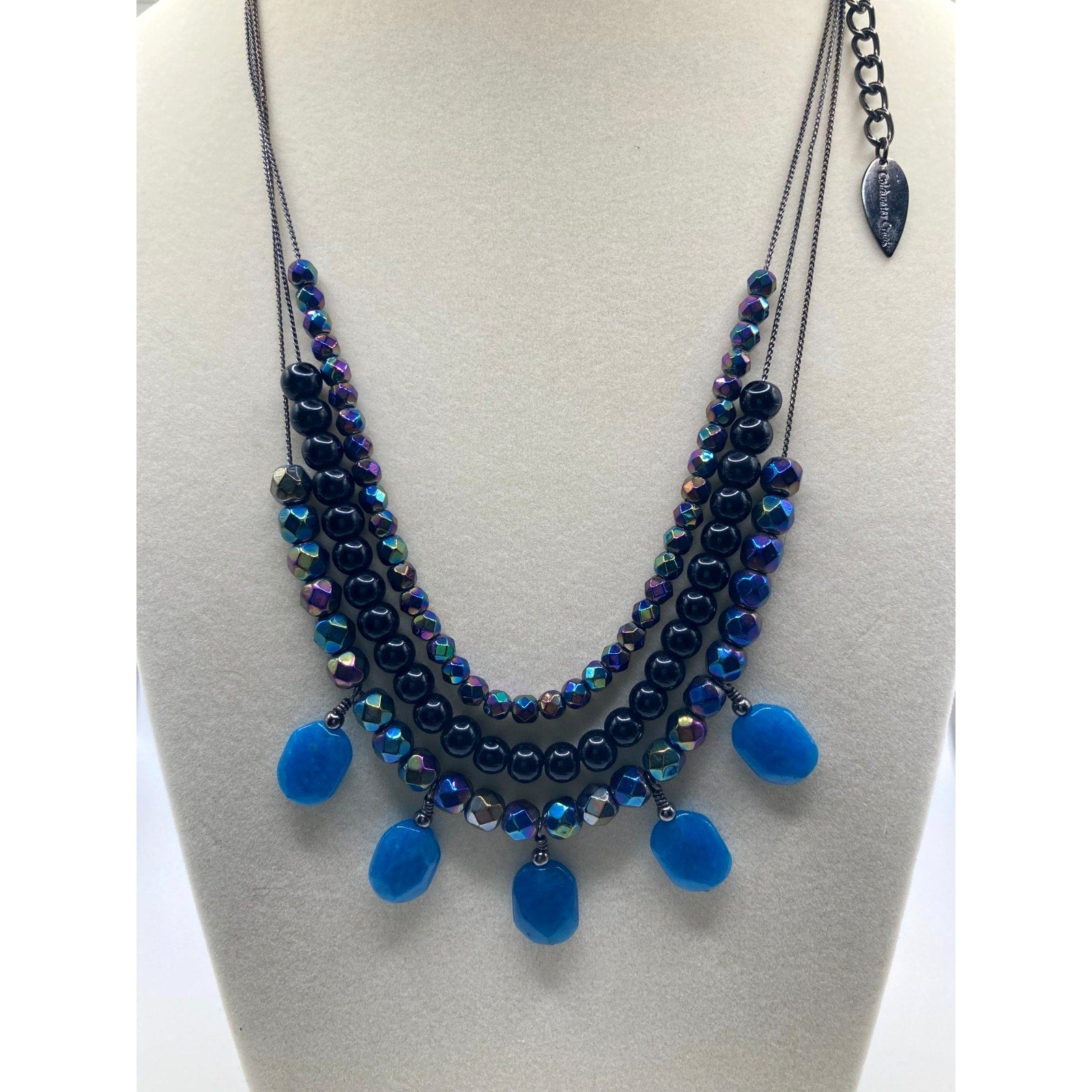 Coldwater Creek Blue Black Iridescent Aurora Borealis Layered Stone Necklace 18"