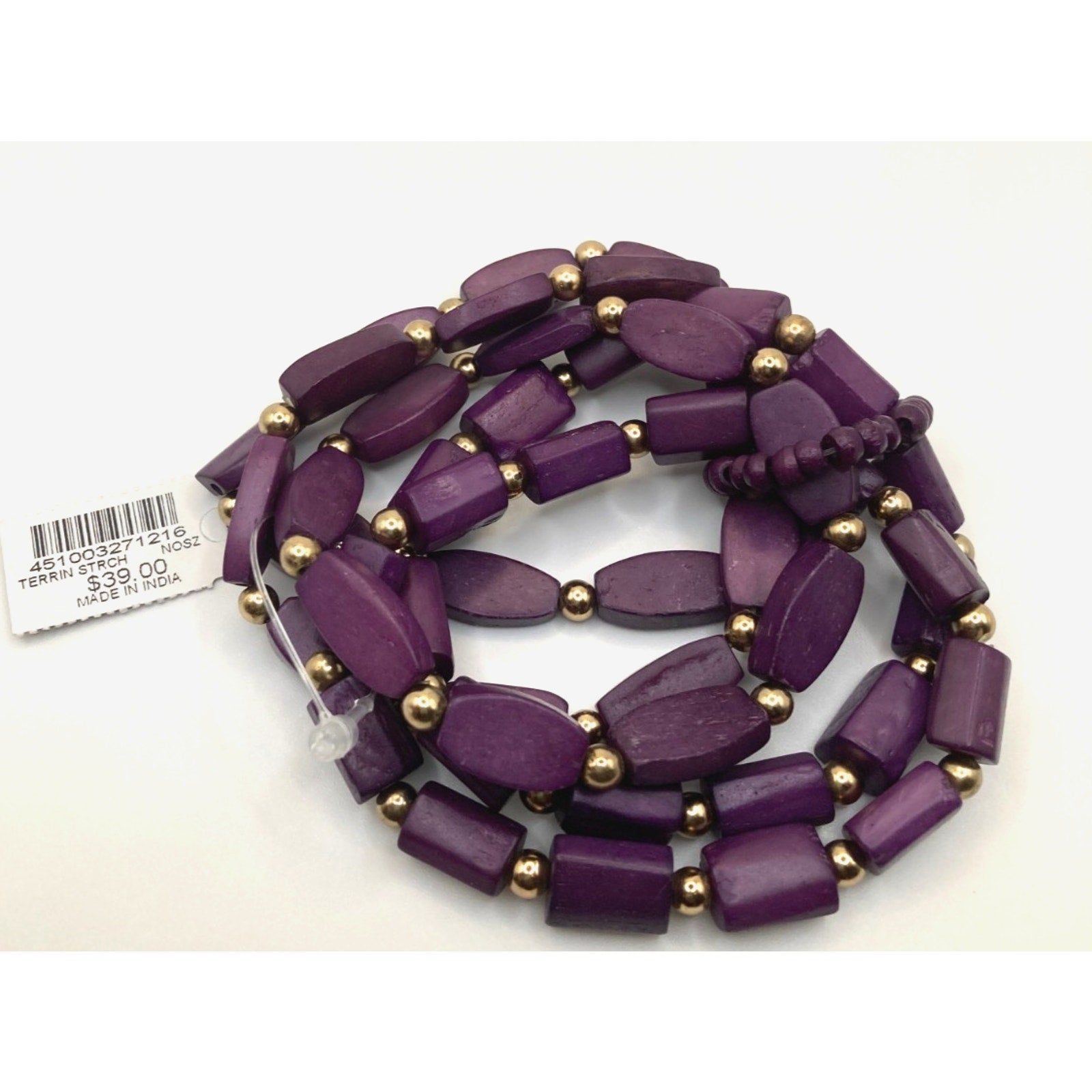CHICO'S Purple Dyed Wooden Beads w/ Gold Tone Bead Accents Stretch Bracelet