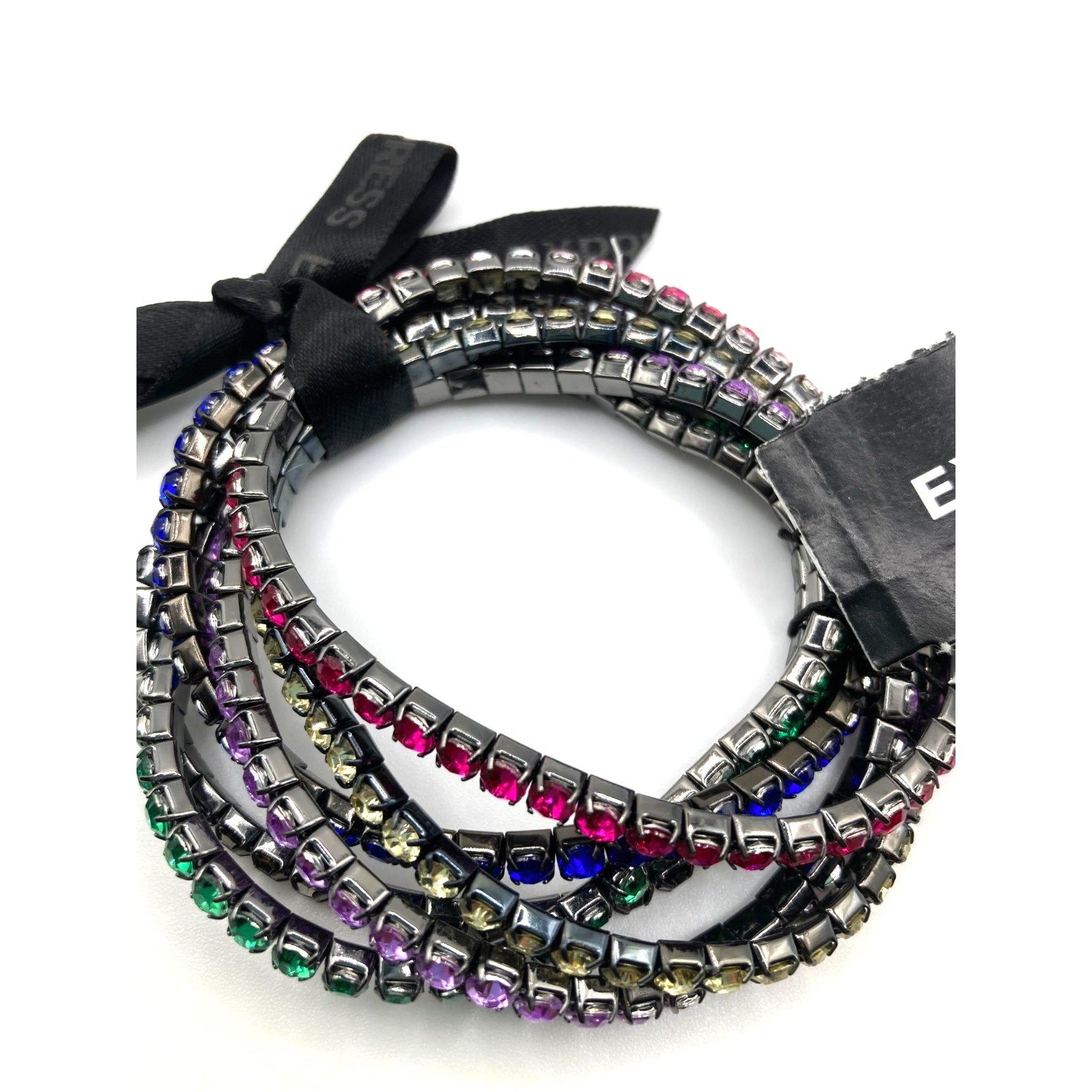 EXPRESS Multicolor Rhinestone on Grey Tone Metal Stretch Bracelets Set