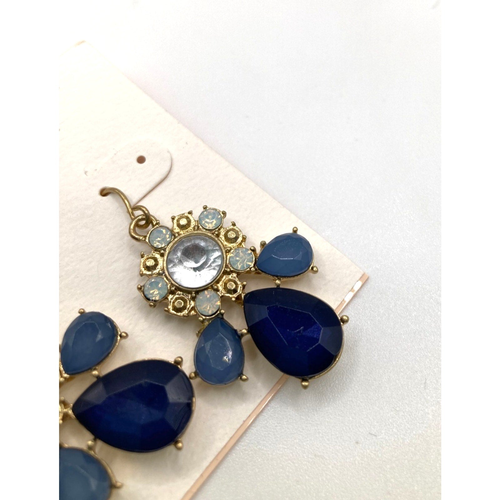 STONY Gold Tone Navy Blue & Cloudy Clear Acrylic Stone Drop Dangle Earrings 1.3" Imperfect*