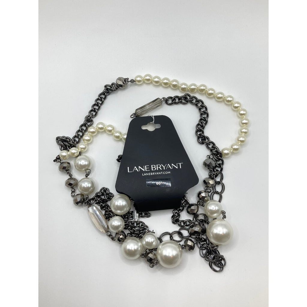 Lane Bryant Steel Grey Tone Statement Necklace Faux Pearls & Mixed Chain 60"