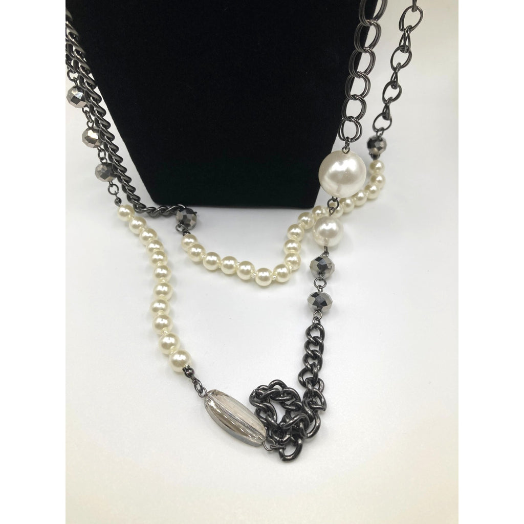 Lane Bryant Steel Grey Tone Statement Necklace Faux Pearls & Mixed Chain 60"