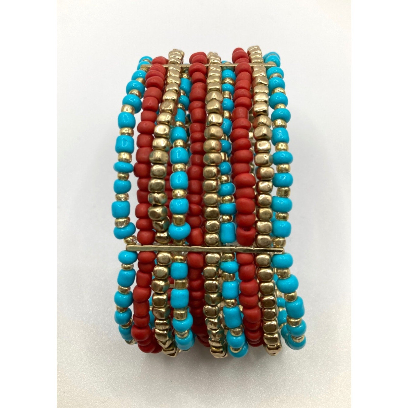 Multi-layered Stacked Western Vivid Red, Gold, Turquoise Bracelet Size 7.25