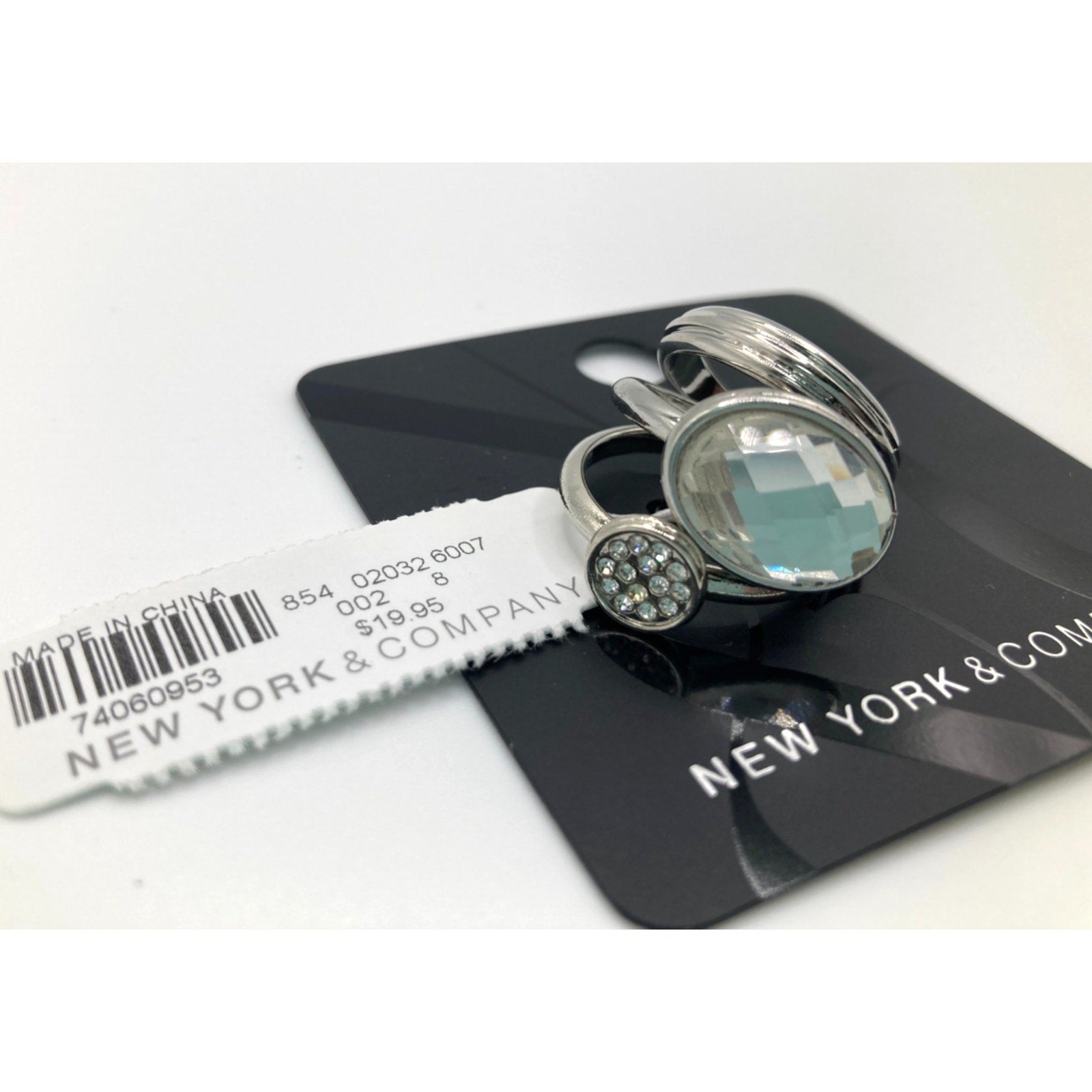 New York & Company Size 8 Women's 3-Stack Ring Set Silver Tone Clear Crystal