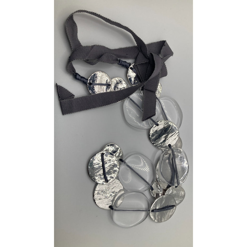 CHICO'S Textured Silver Tone & Translucent Shimmery Coins/Discs Station Necklace