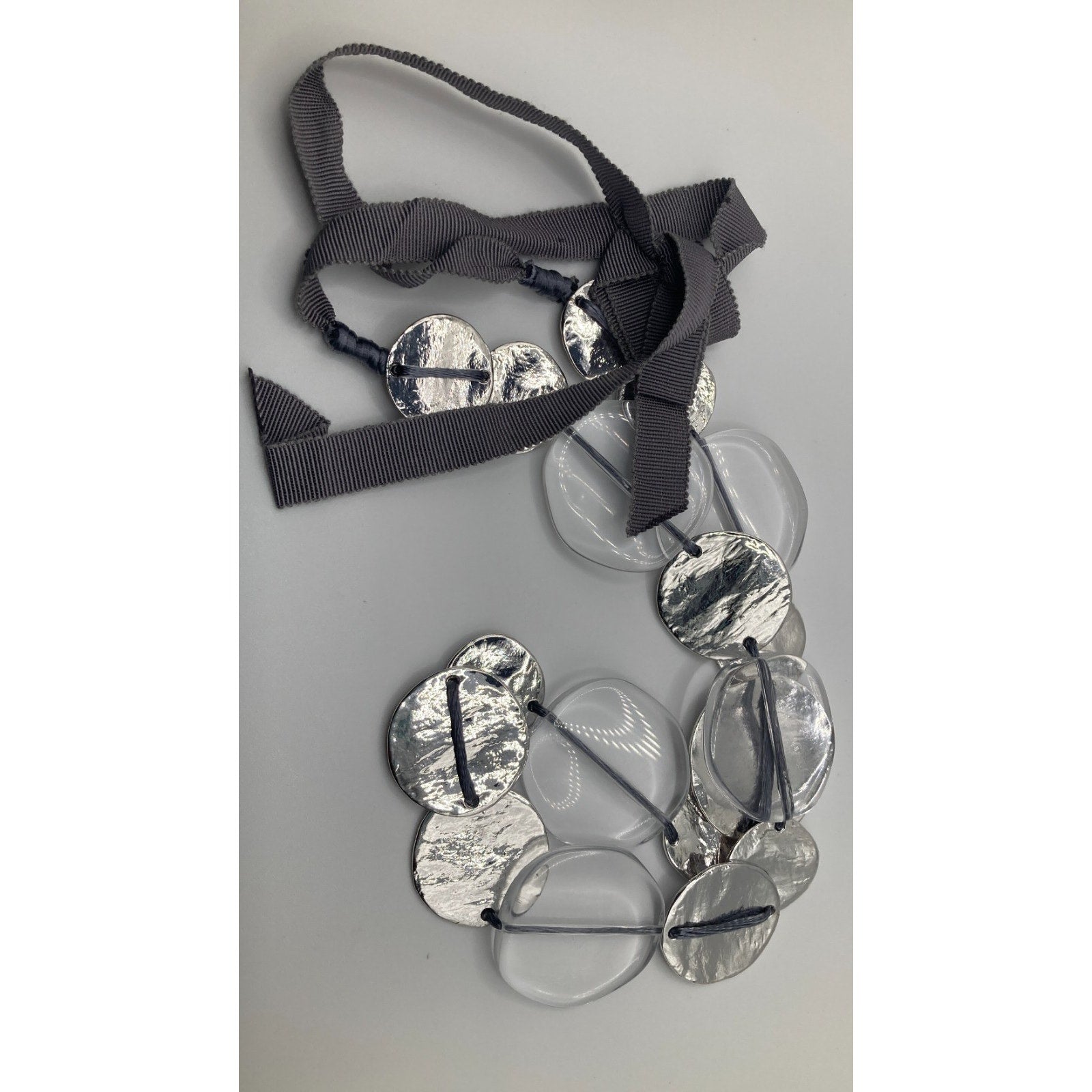 CHICO'S Textured Silver Tone & Translucent Shimmery Coins/Discs Station Necklace