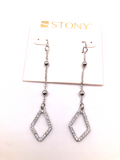 STONY Silver Tone Minimalist Rhinestone Diamond Shaped Drop Dangle Earrings 3"