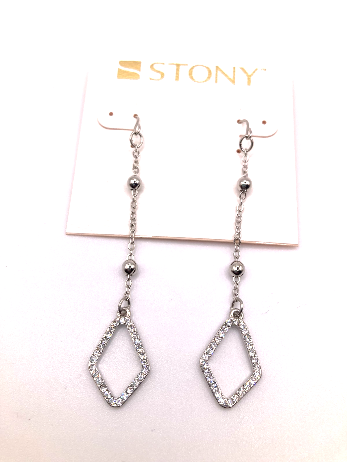 STONY Silver Tone Minimalist Rhinestone Diamond Shaped Drop Dangle Earrings 3"