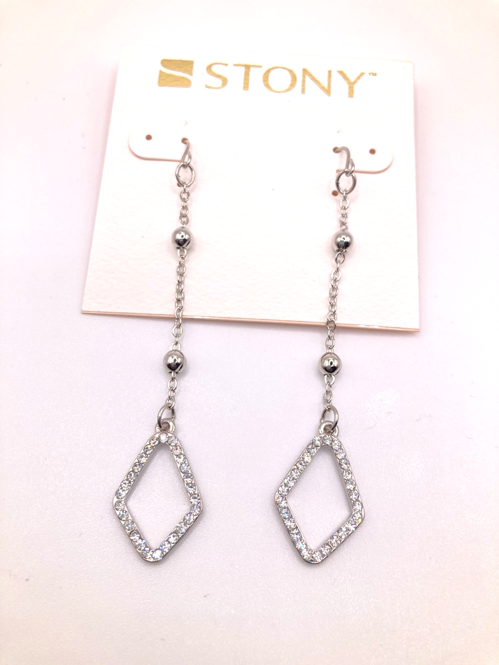 STONY Silver Tone Minimalist Rhinestone Diamond Shaped Drop Dangle Earrings 3"
