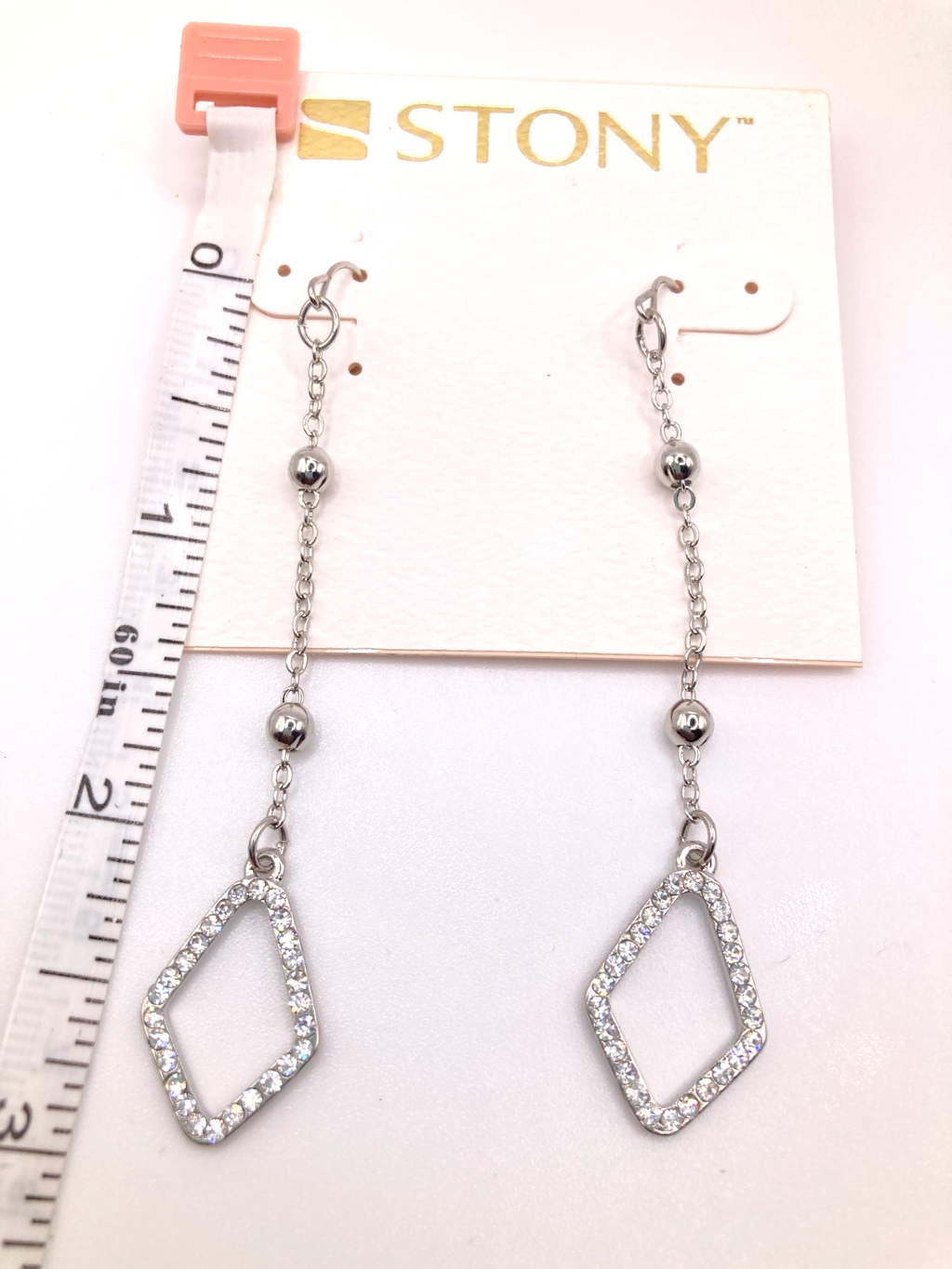 STONY Silver Tone Minimalist Rhinestone Diamond Shaped Drop Dangle Earrings 3"
