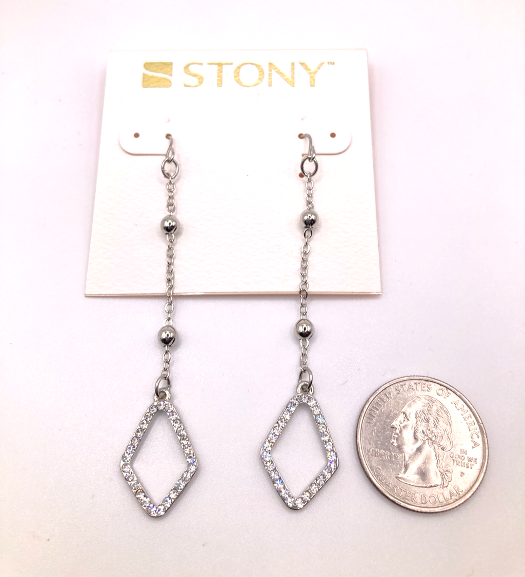 STONY Silver Tone Minimalist Rhinestone Diamond Shaped Drop Dangle Earrings 3"