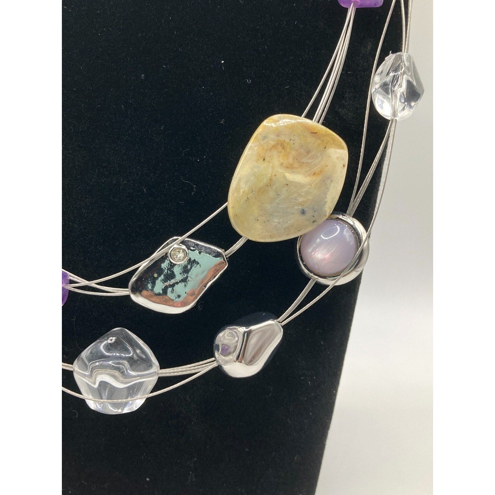 CHICO'S Silver Tone Purple, Silver And Earthy Bead Necklace On Wire Stands 17.5"
