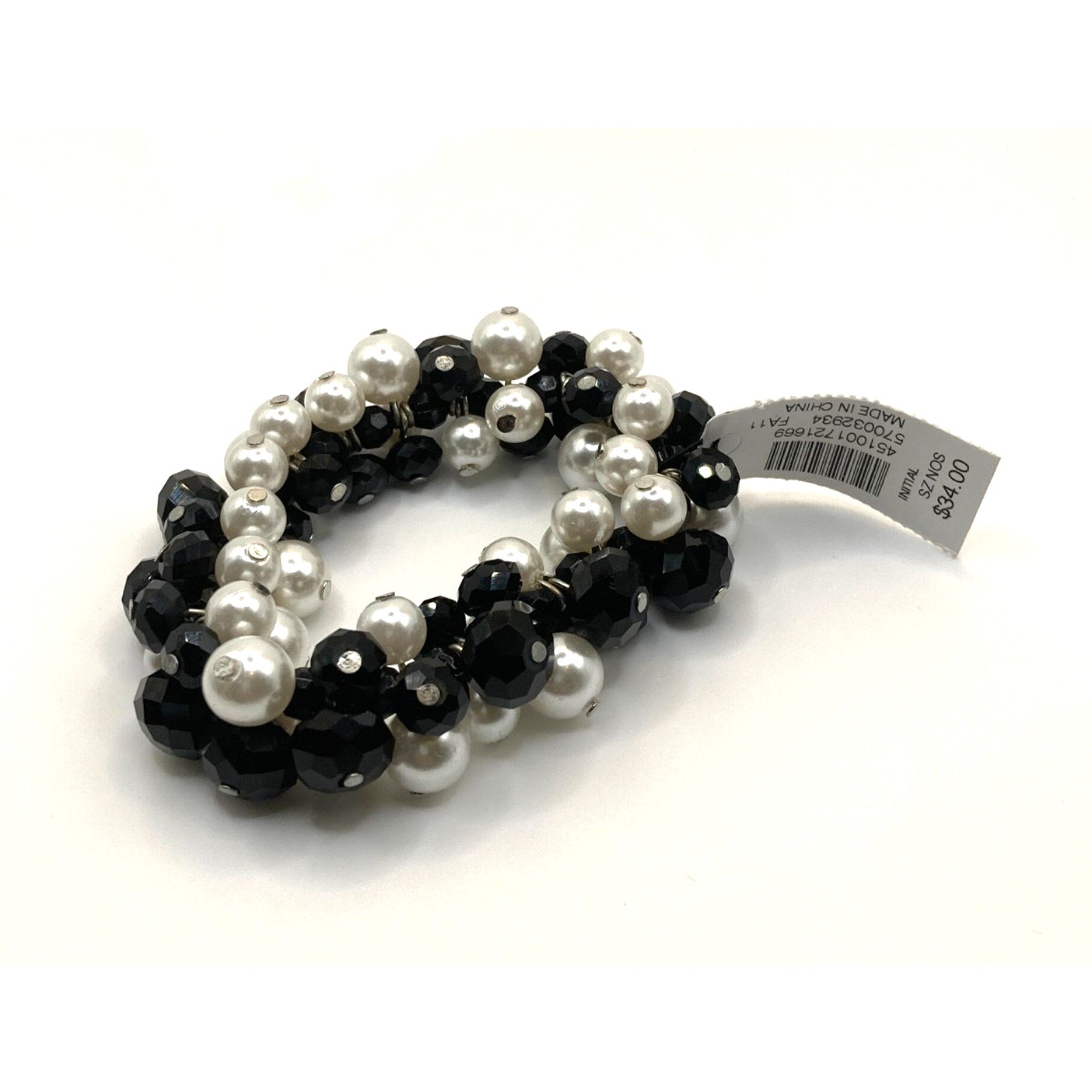 White House Black Market Black Faceted Beaded & Faux Pearls Stretch Bracelet