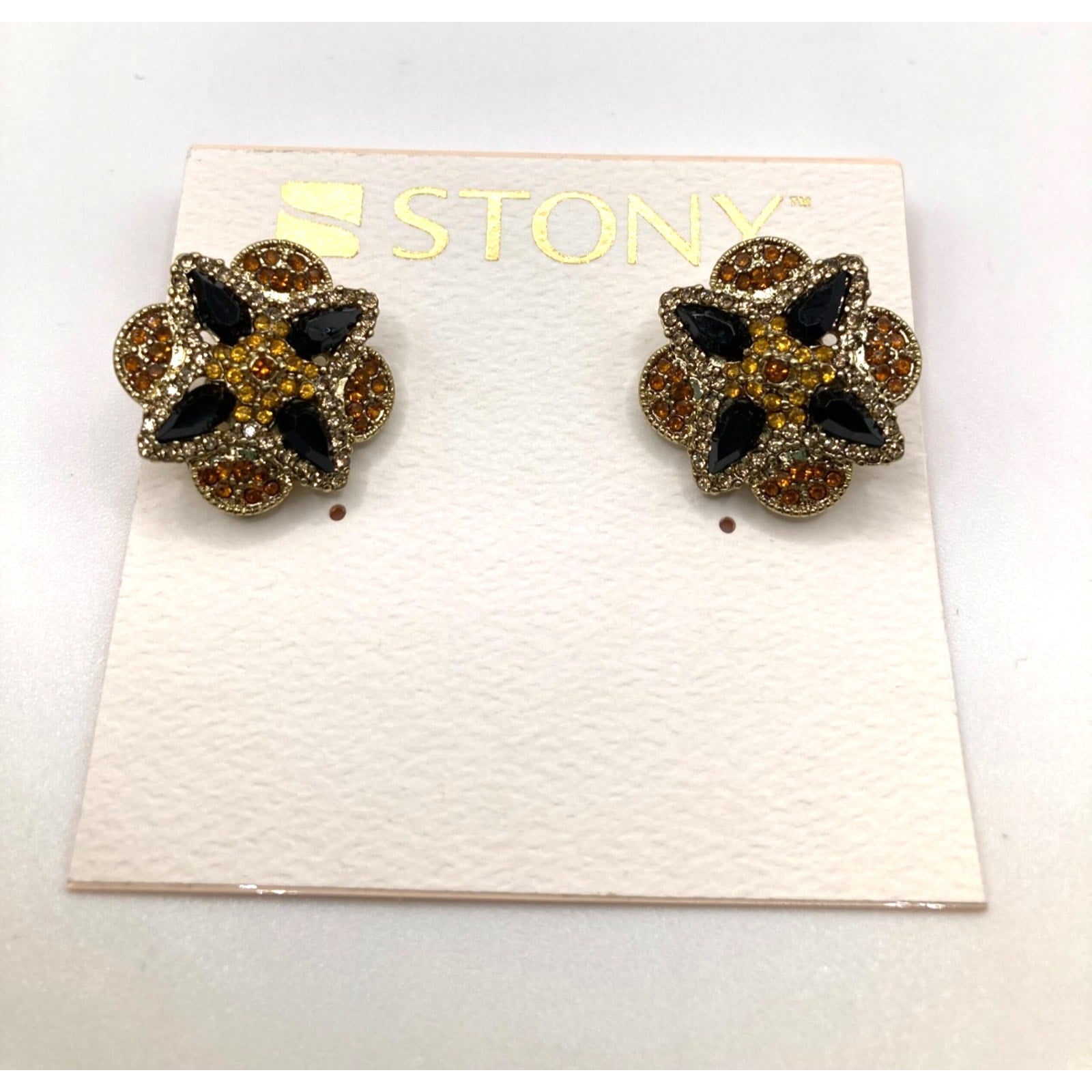 STONY Gold Tone Orange Yellow Rhinestone w/ Navy Acrylic Stone Clip-On Earrings