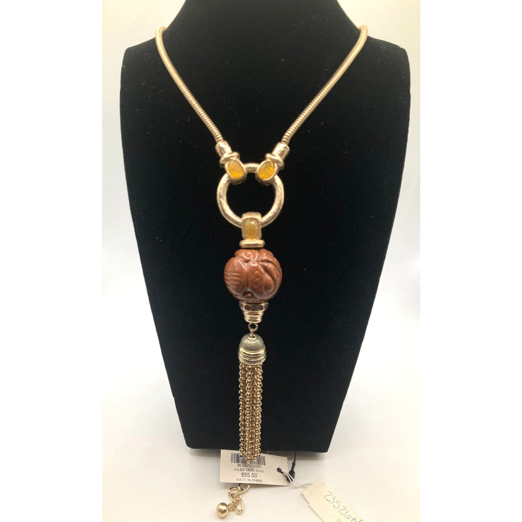 CHICO'S Stunning Gold Tone Antique-Inspired Oriental Tassel Statement Necklace