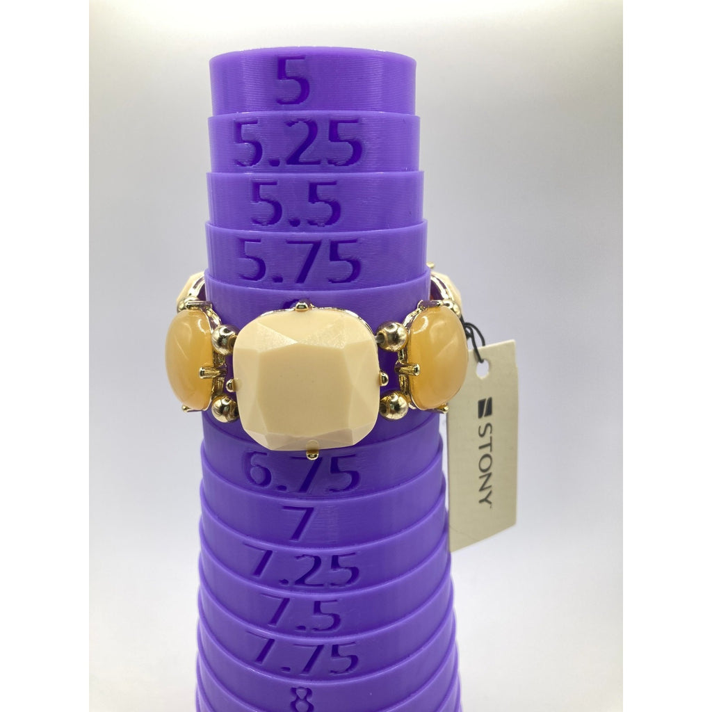 STONY Gold Tone, Melon & Cream Cabochon & Faceted Plastic Stone Stretch Bracelet