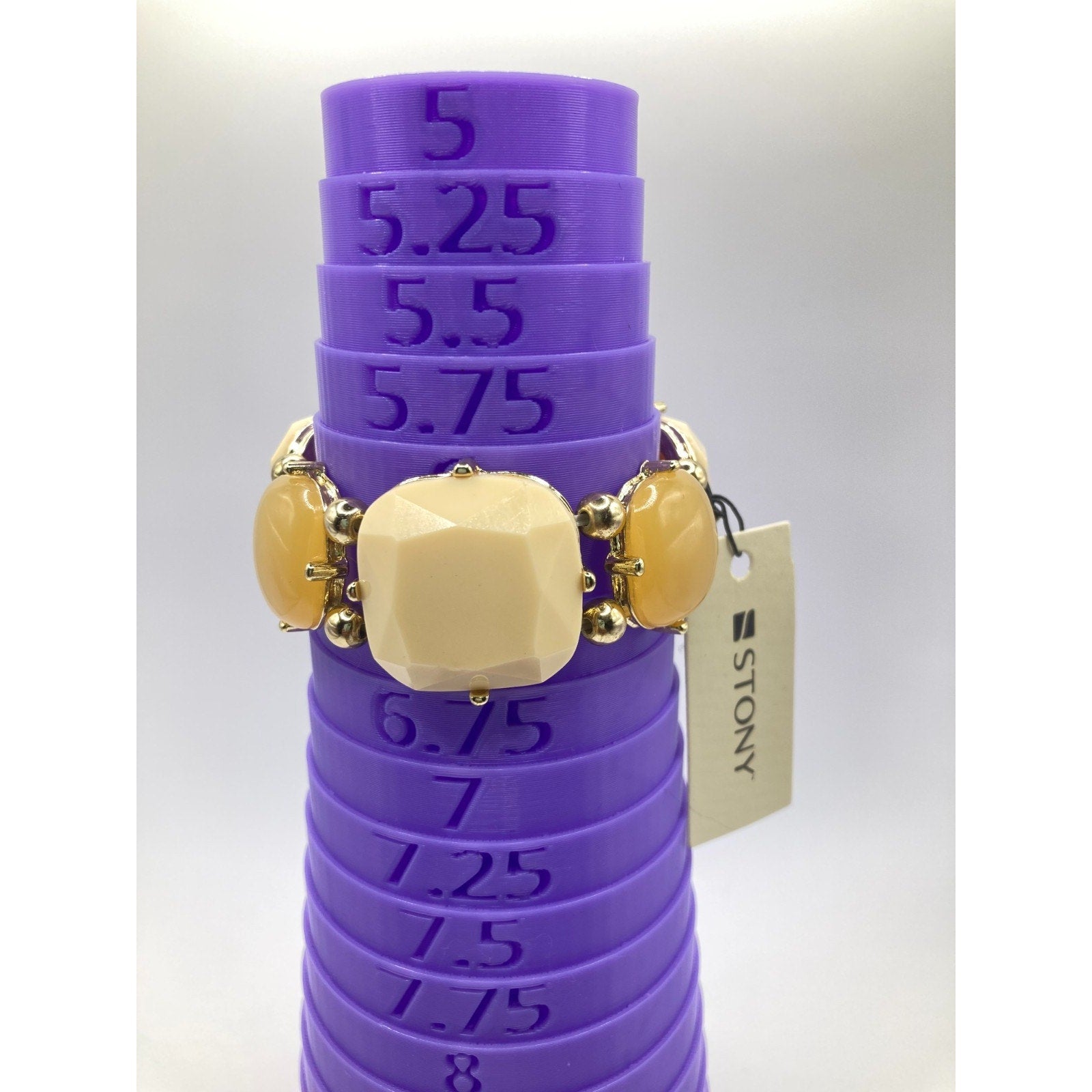 STONY Gold Tone, Melon & Cream Cabochon & Faceted Plastic Stone Stretch Bracelet